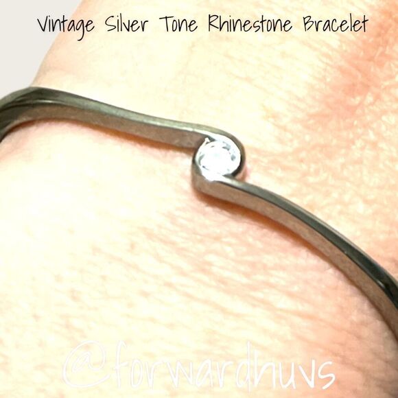 Silver Tone Hinge Bracelet with Single Glass Rhinestone - Picture 4 of 12